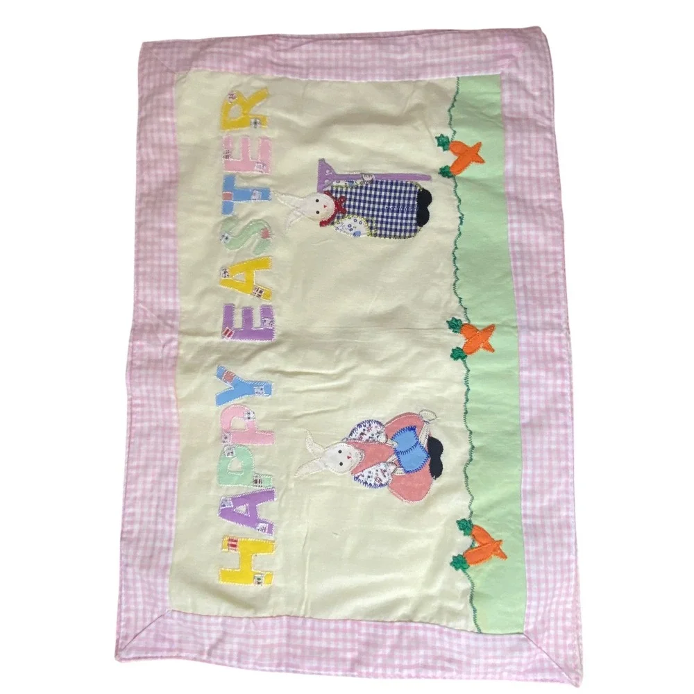 Vintage Easter Bunny Quilted Placemats Set of 4 Pink Gingham‎ Happy Easter 18x13